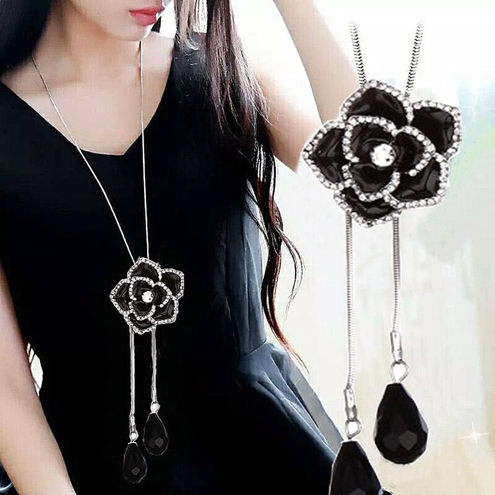 Black Silver Necklace for Women Long Beads Tassel Necklace Flower Design Charm